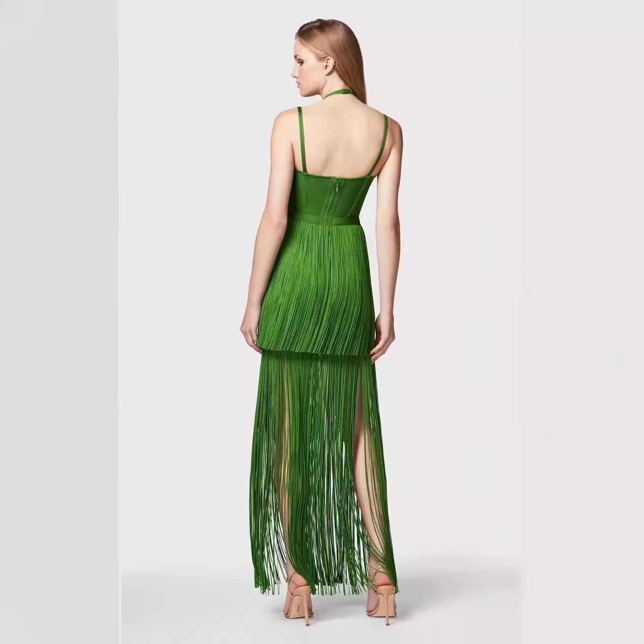 Green Halter Spaghetti Straps Tassel Dinner Ball Dress - kinko