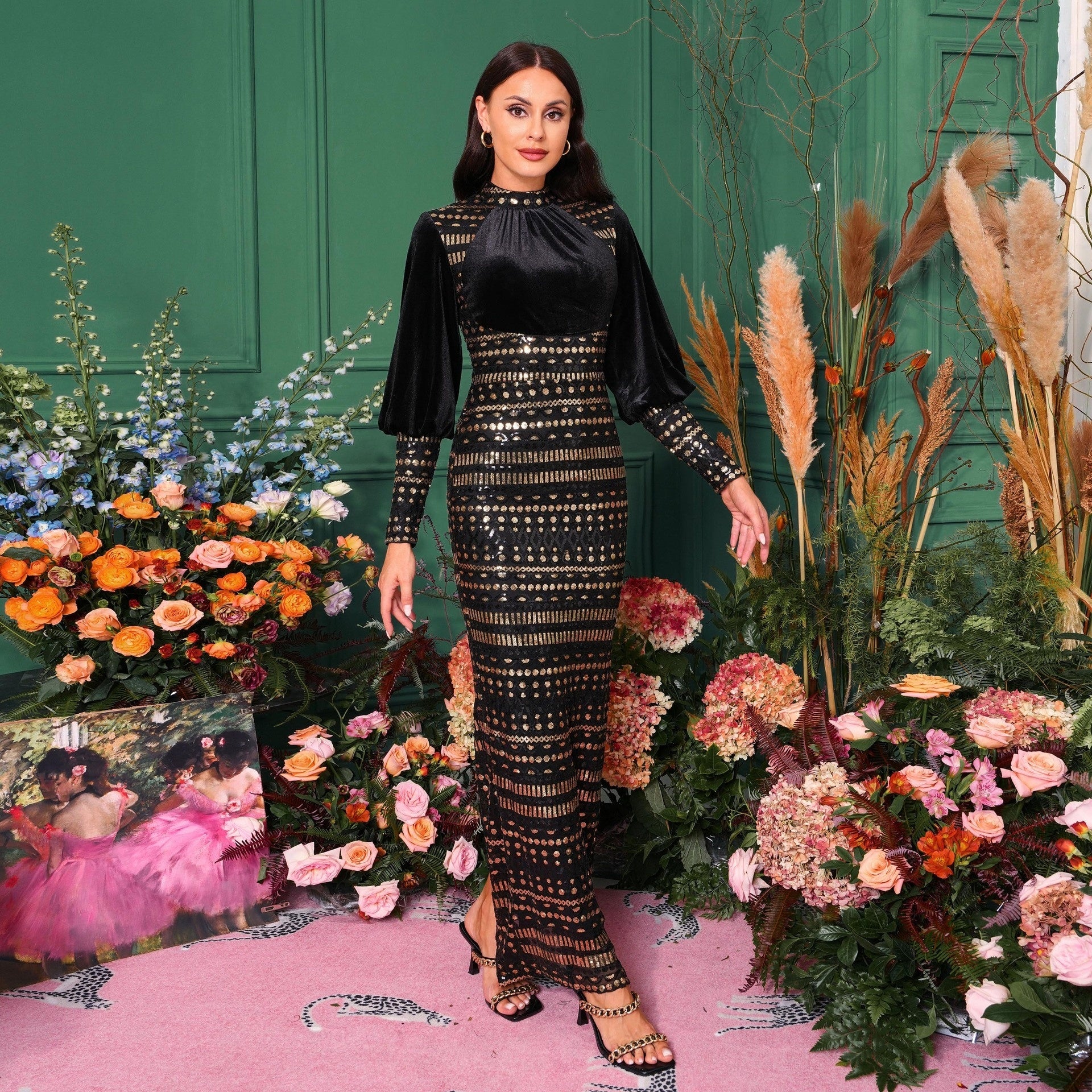 Long Sleeve Round Neck Sequins Slit Evening Dress - kinko