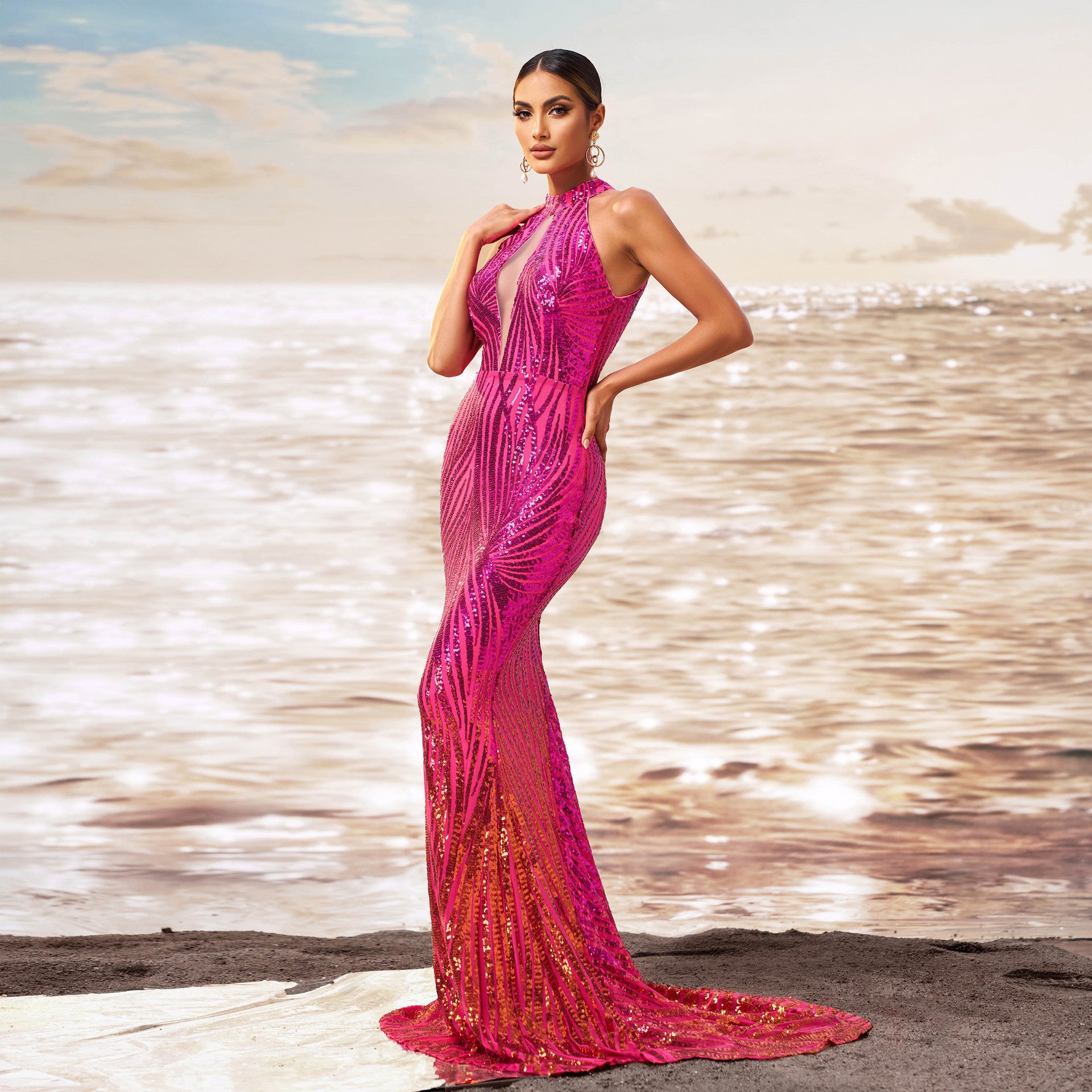 Round Neck Off-the-shoulder Slim-fit Sheath Sequined Banquet Fishtail Evening Dress - kinko