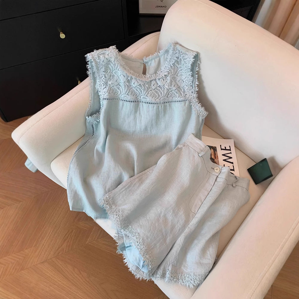 Lace Stitching Sleeveless Cotton And Linen Suit Women - kinko