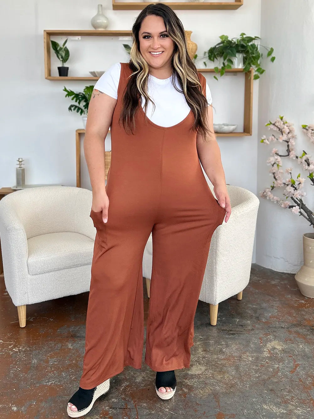 Double Take Full Size Sleeveless Wide Leg Jumpsuit with Pockets - kinko