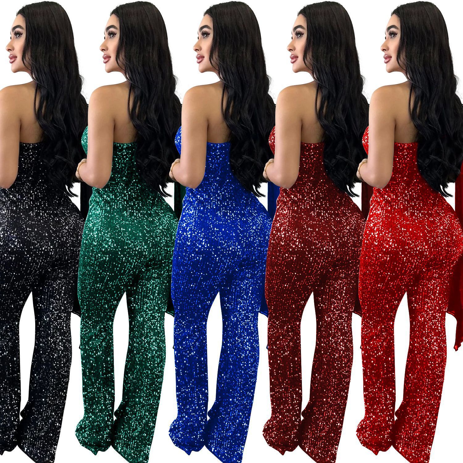 Women's Solid Color Sleeveless One-shoulder Sequined Trousers Jumpsuit - kinko