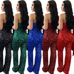 Women's Solid Color Sleeveless One-shoulder Sequined Trousers Jumpsuit - kinko