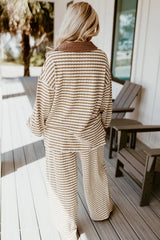 Khaki Stripe Collared Pullover Top And Drawstring Pant Set - kinko