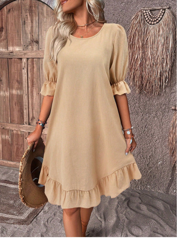 Fashion Ruffle Short-sleeved Dress Summer Solid Color Round Neck Loose Straight Dresses Womens Clothing - kinko