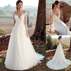 High U-neck Lace Long Sleeve A- Line Long Tail Simple Wedding Dress - kinko