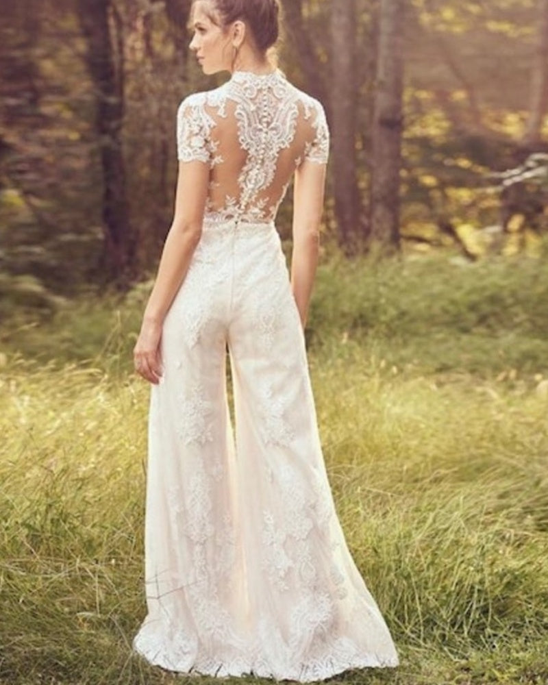 Bride Pants Suit Wedding Bridal Gowns Short Sleeve Jumpsuit - kinko