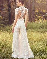 Bride Pants Suit Wedding Bridal Gowns Short Sleeve Jumpsuit - kinko