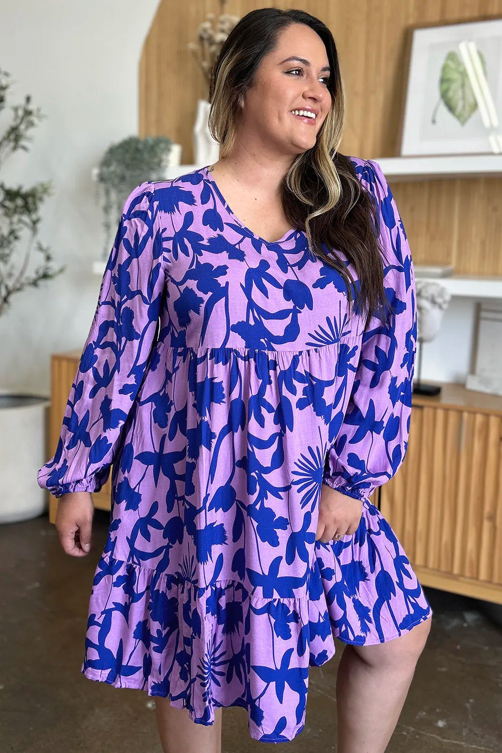 Double Take Full Size Printed Ruffle Hem Dress with Pocket - kinko