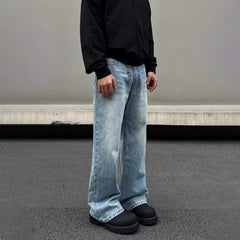 Men's Retro Whisker Washed Blue Straight Jeans - kinko