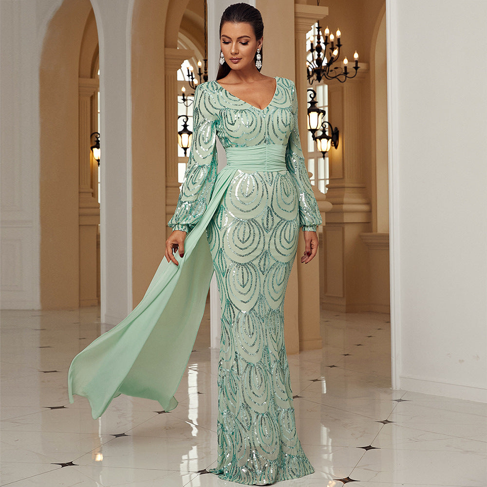 Long Sleeve Sexy Long Sequined V-neck Banquet Ribbon Evening Dress - kinko