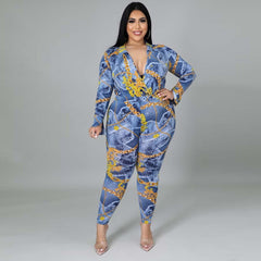 Plus Size Women's Autumn New Fashion V-neck Printed Shirt Trousers Suit - kinko
