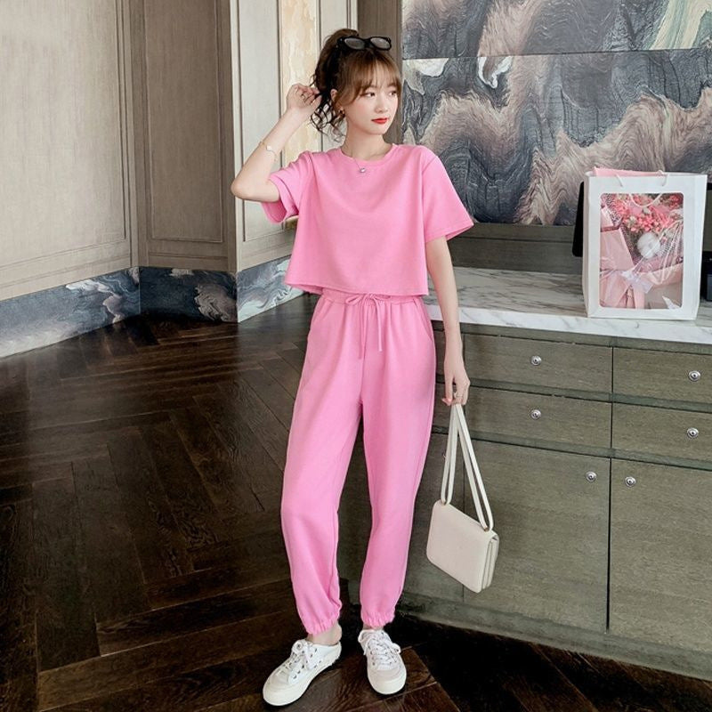 Korean Sweet Girl Sports Loose Slimming And Short T-shirt Ankle-length Pants Two-piece Set - kinko