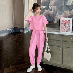 Korean Sweet Girl Sports Loose Slimming And Short T-shirt Ankle-length Pants Two-piece Set - kinko