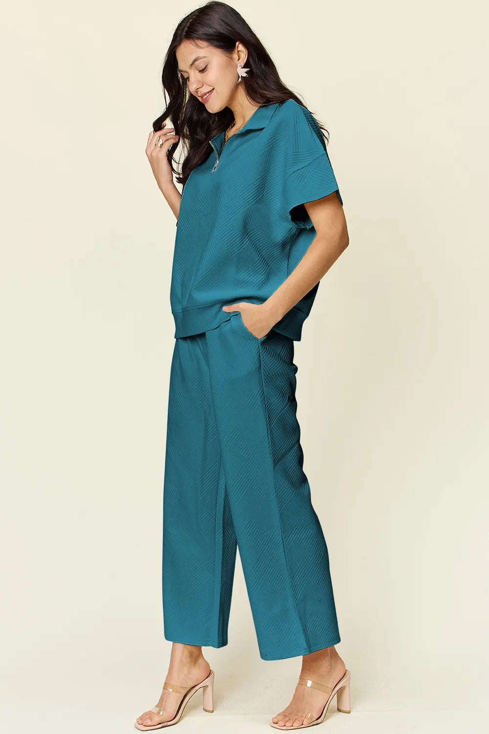 Double Take Full Size Texture Half Zip Short Sleeve Top and Pants Set - kinko