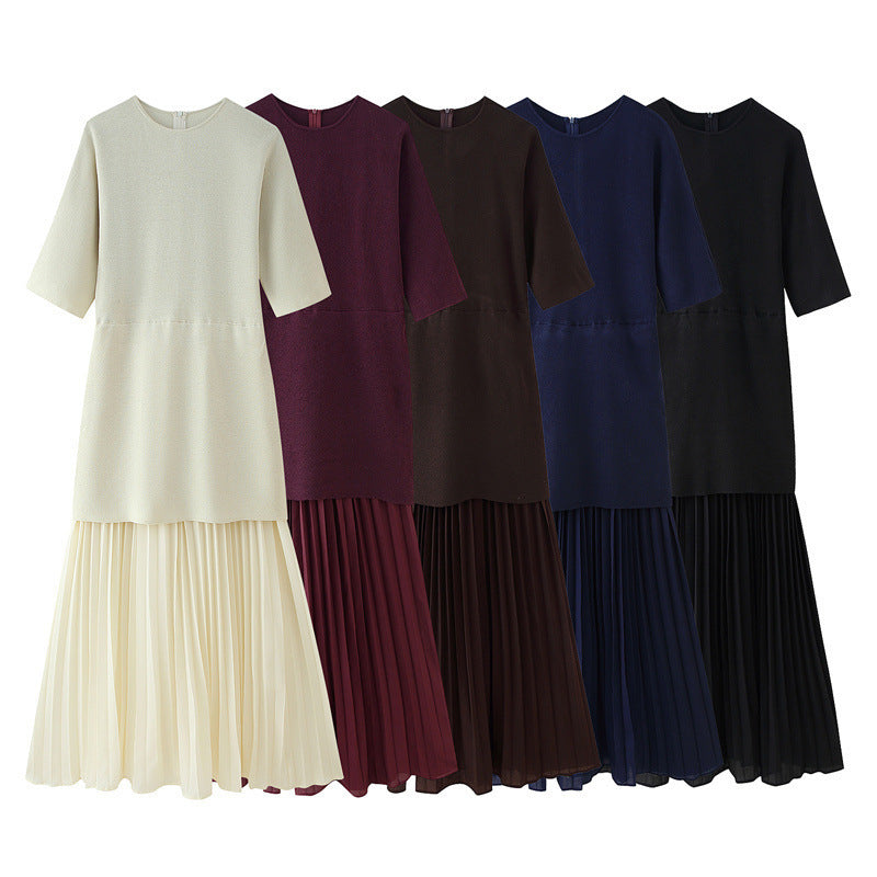 Fashionable Elegant Brown Patchwork Pleated Dress - kinko