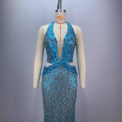 New Halter Deep V-neck Slim Slimming Party Stage Host Hostess Evening Dress - kinko