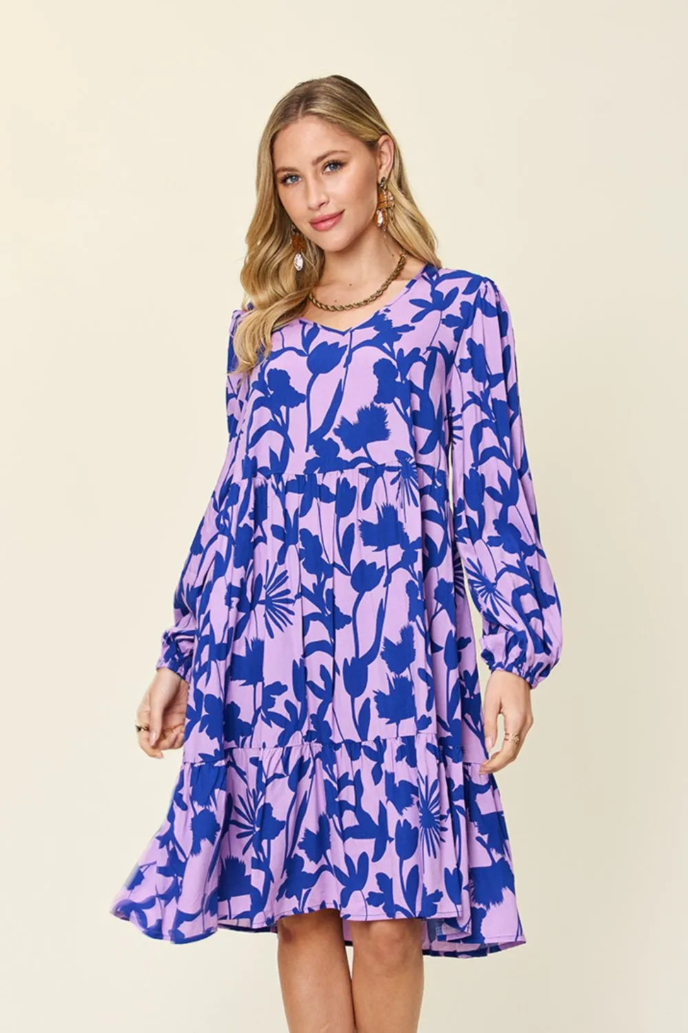 Double Take Full Size Printed Ruffle Hem Dress with Pocket - kinko