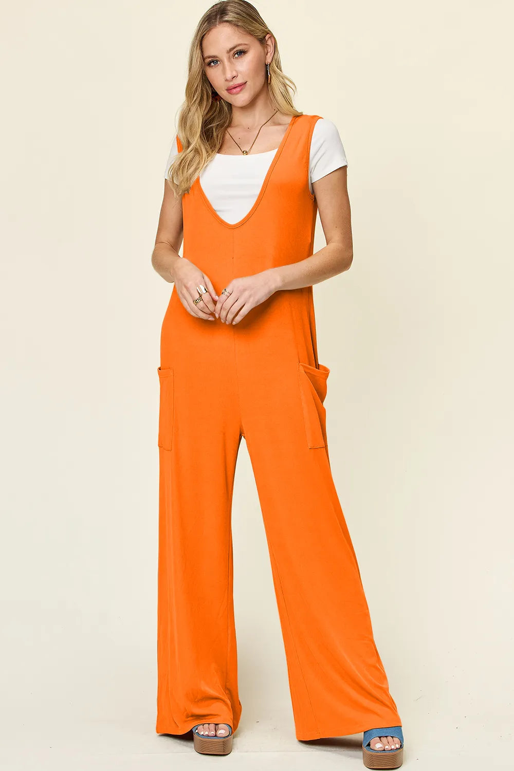 Double Take Full Size Sleeveless Wide Leg Jumpsuit with Pockets - kinko