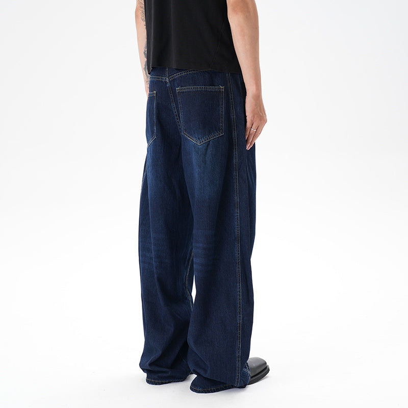 Washed Distressed Dark Blue Wide Leg Machete Jeans - kinko
