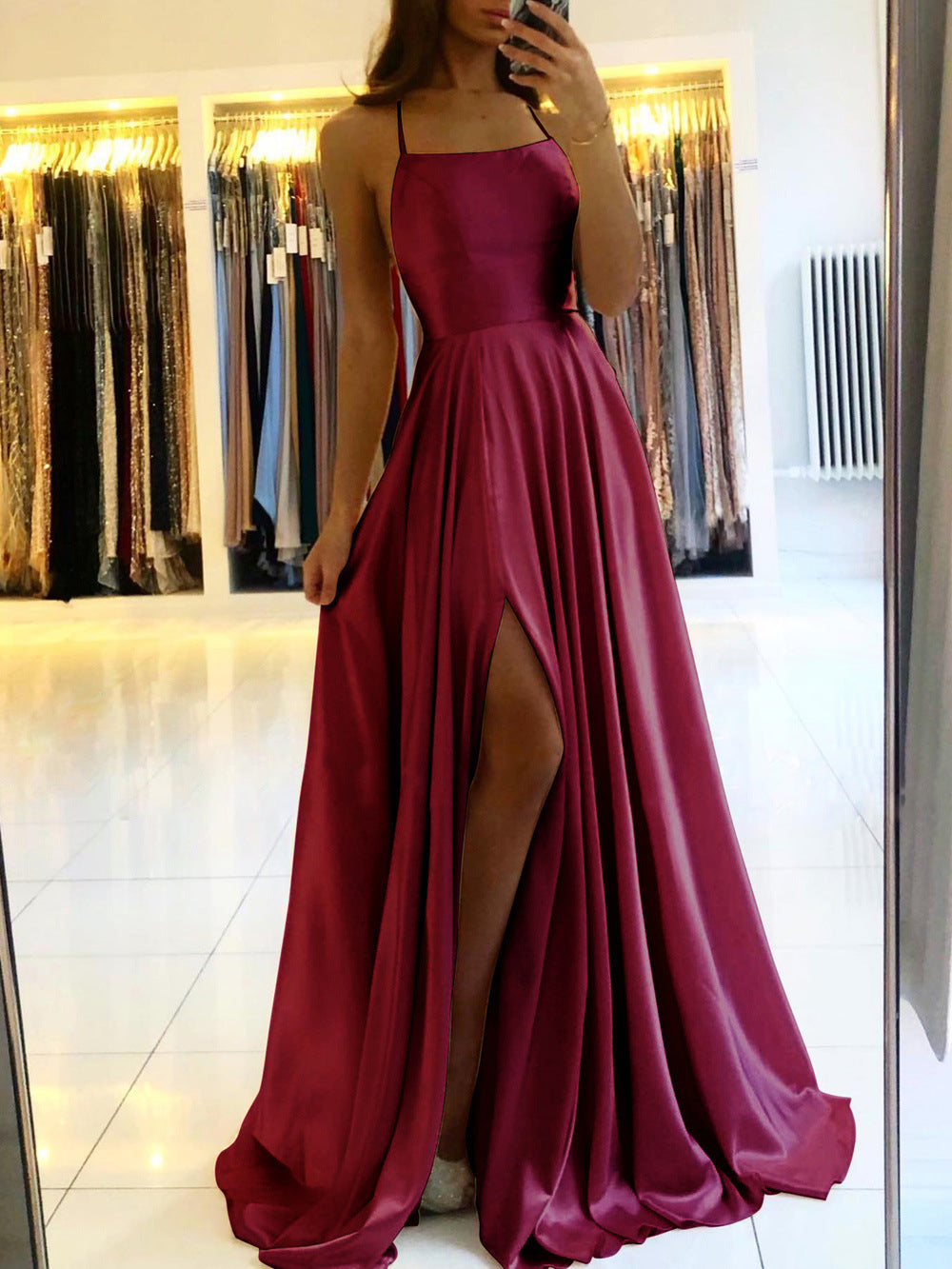 Amazon Long European And American Style Dress Slim Strap Back-to-back Dress High Slit Dance Host Dress - kinko