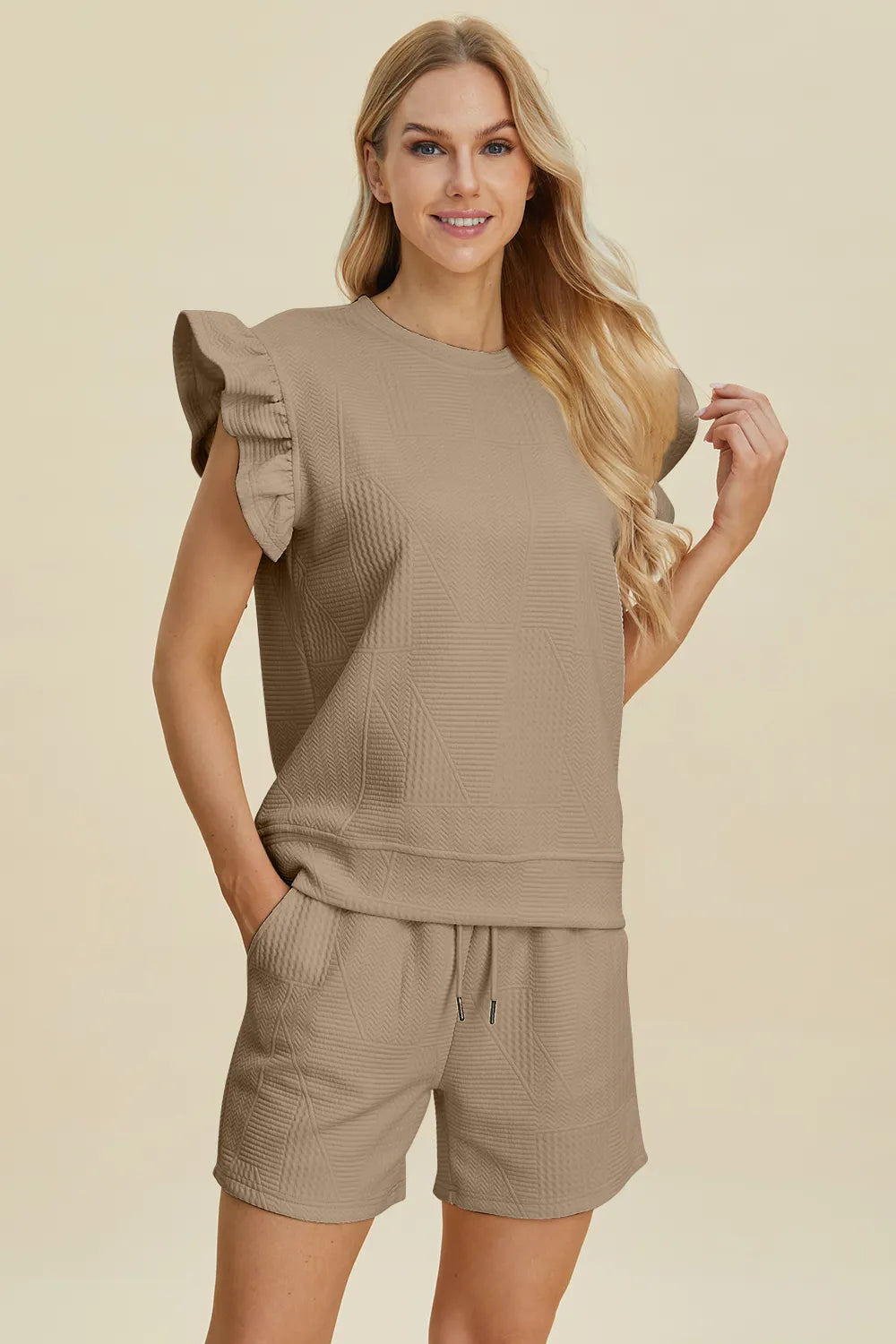 Double Take Full Size Texture Round Neck Ruffle Sleeve Top and Shorts Set - kinko