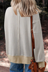 Brown Stripe Ribbed Trim Drop Shoulder Long Sleeve Oversize Top - kinko