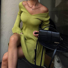 Sexy Slim V-Neck Long Sleeve Knitted Dress Fashion Tight High Elastic Ruffle A-Line Short Dresses Y2K Skirt Womens Clothing - kinko