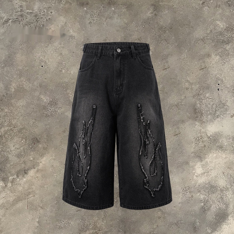 Cropped Patch Flame Embroidery Casual Men's Shorts - kinko