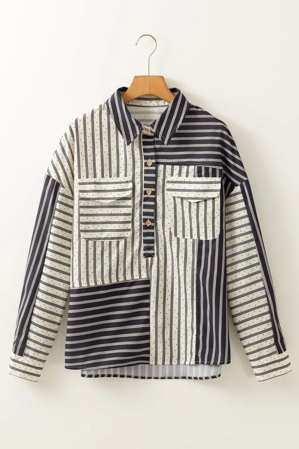 Black Stripe 2-tone Patchwork Half Buttons Chest Pockets Casual Blouse - kinko
