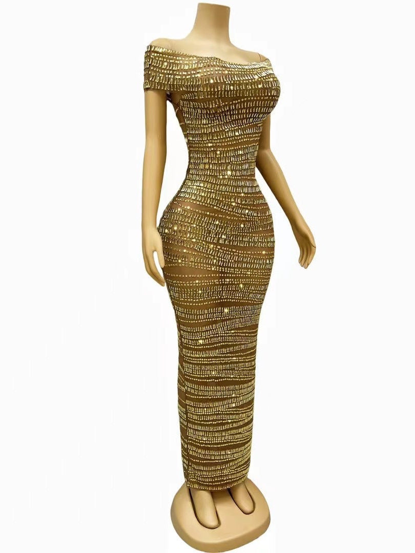 Sexy Luxury Shiny Rhinestone Dress Performance Costume Party Evening Dress - kinko