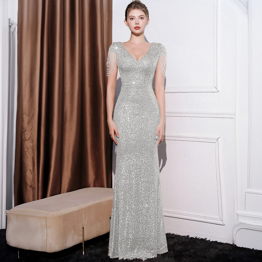 Sequined Slim Fit Slimming Long Dress Women - kinko
