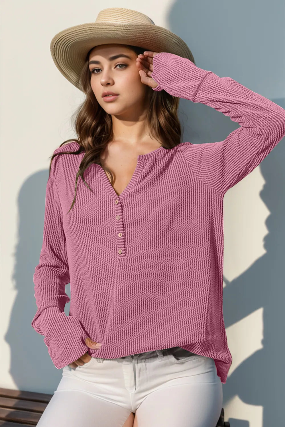 Double Take Full Size Notched Thumbhole Long Sleeve T-Shirt - kinko