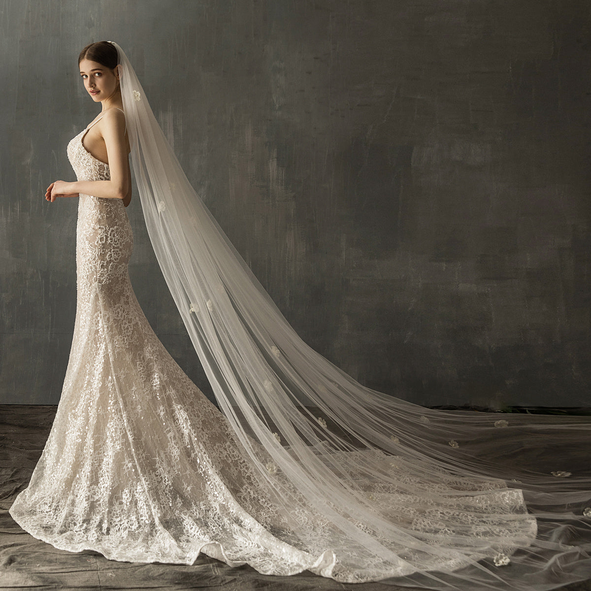 Bridal Church Wedding Pearl Long Tail Tulle - kinko