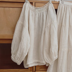 Women's Solid Color Ramie Round Neck Eight Quarter Sleeved Shirt - kinko