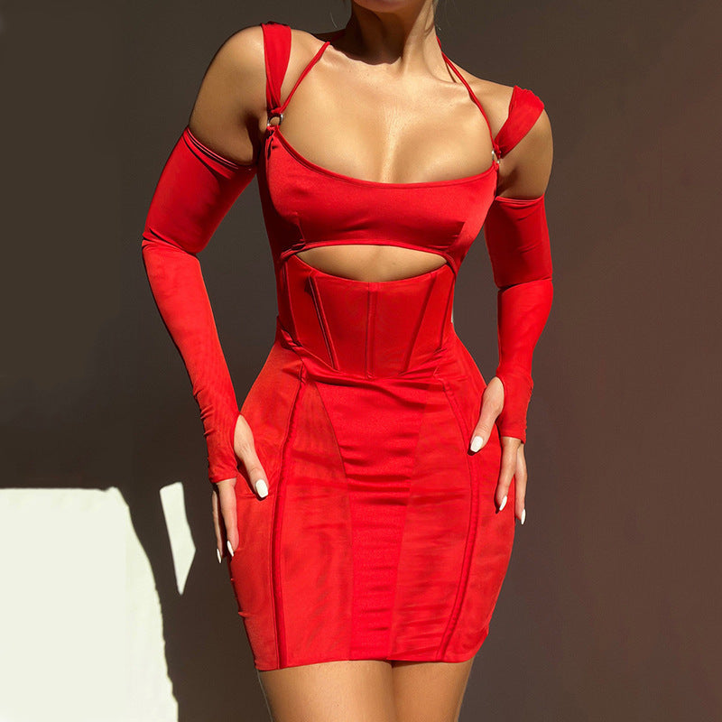 Women's Sling Tight Dress Fashion Backless Mesh See-through Hip Skirt - kinko