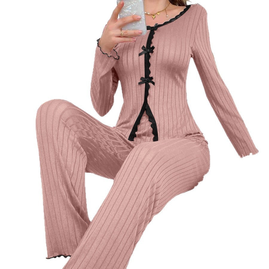 Long Sleeve Trousers Casual Homewear Lace Cardigan Suit - kinko