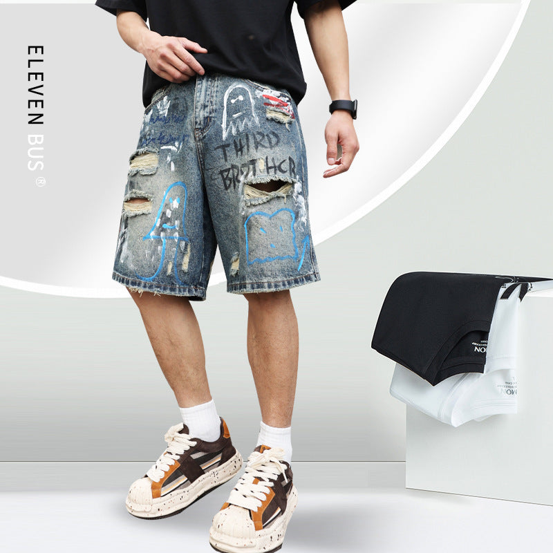All-match Ripped Men's Jeans Shorts Trend Graffiti - kinko