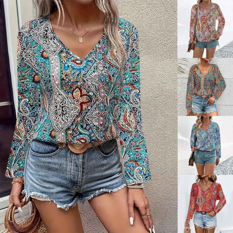 Printed V-neck Long Sleeve Shirt Women's Clothing - kinko