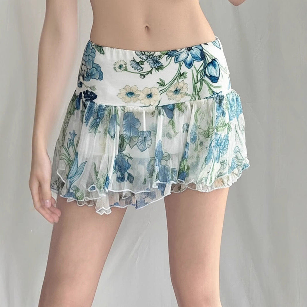 American Street Style Mesh Floral Print Irregular Skirt - kinko