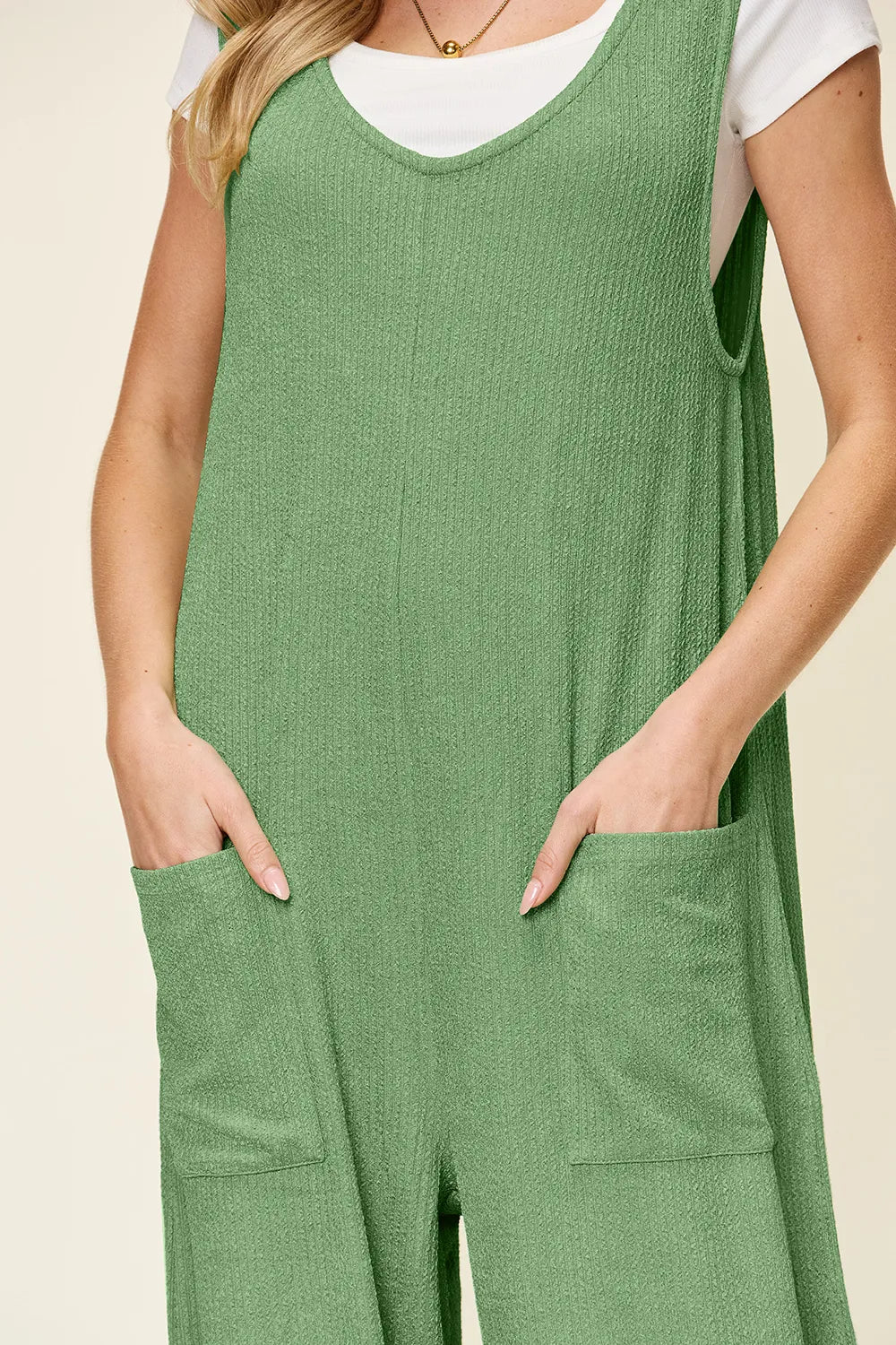 Double Take Full Size Texture Sleeveless Wide Leg Jumpsuit - kinko