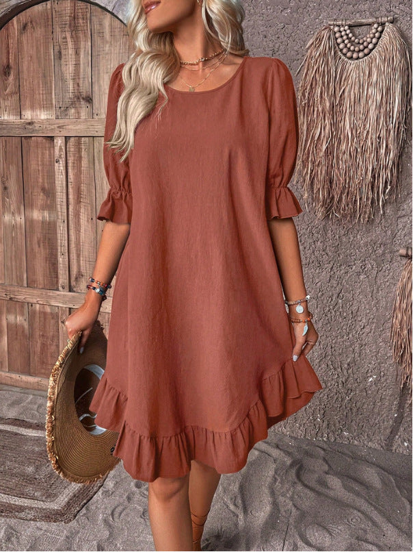 Fashion Ruffle Short-sleeved Dress Summer Solid Color Round Neck Loose Straight Dresses Womens Clothing - kinko