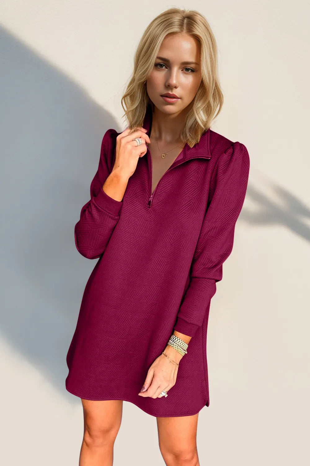 Double Take Textured Quarter Zip Long Sleeve Dress - kinko
