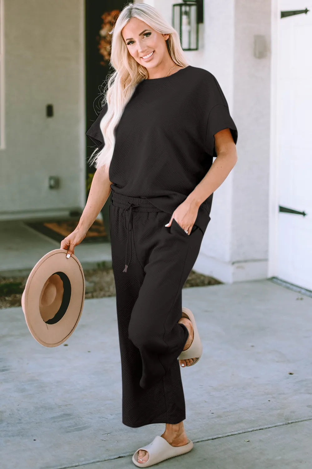 Double Take Full Size Texture Short Sleeve Top and Pants Set - kinko