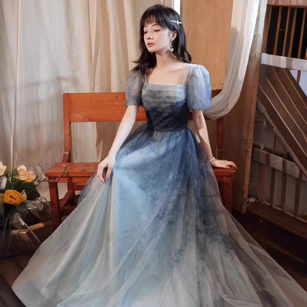Gradient Blue Evening Elegant Socialite Ceremony Performance Banquet Dress - kinko