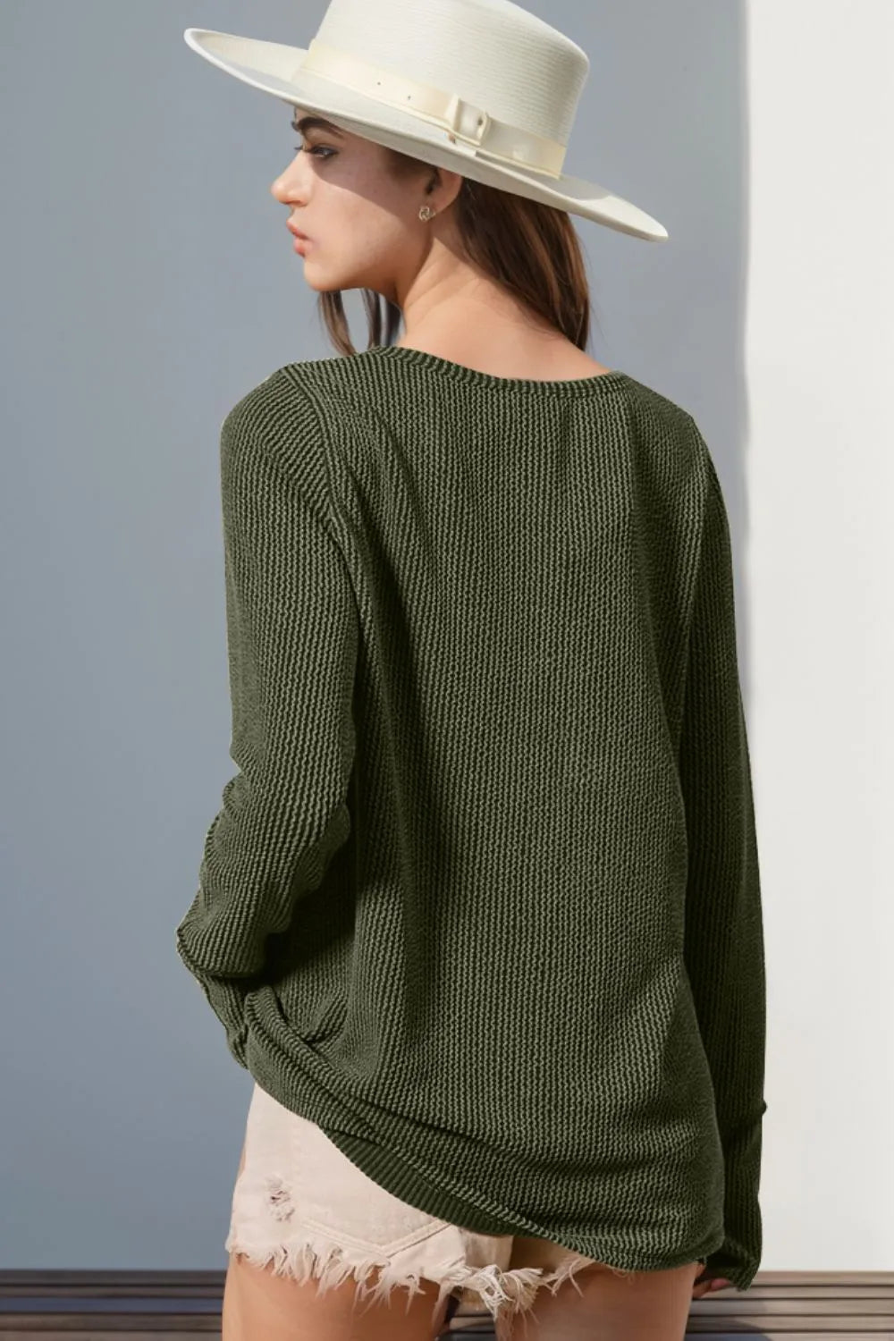 Double Take Full Size Notched Thumbhole Long Sleeve T-Shirt - kinko