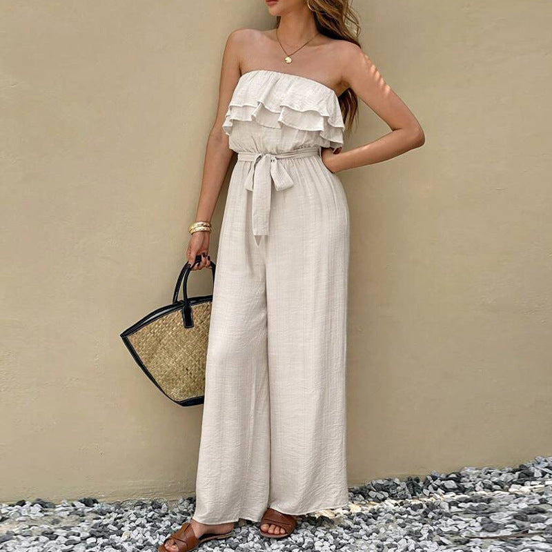 Women's Summer Sleeveless Tube Top Jumpsuit Ruffled Tied Jumpsuit - kinko