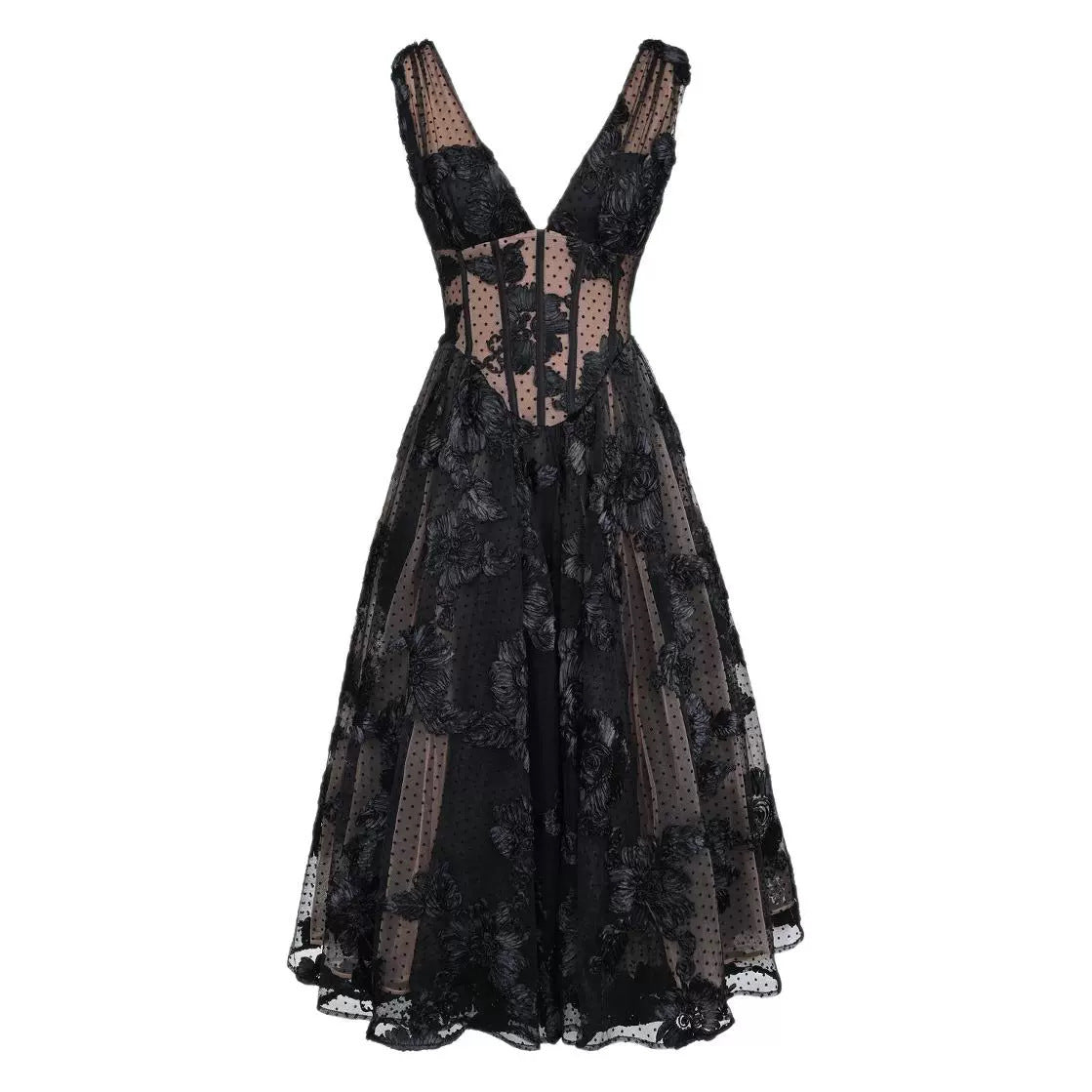Black Deep V-neck Mesh A- Line High-end Evening Dress - kinko