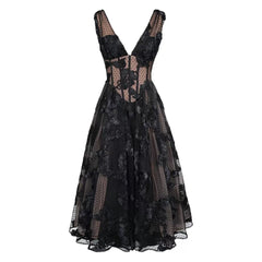 Black Deep V-neck Mesh A- Line High-end Evening Dress - kinko