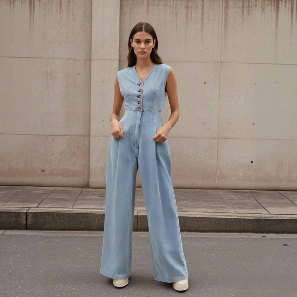V-neck Double-breasted Sleeveless Wide Leg Overall Jeans - kinko